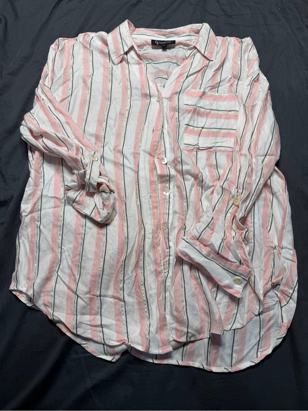 IC COLLECTION Pink and White Striped Button-Down Shirt
